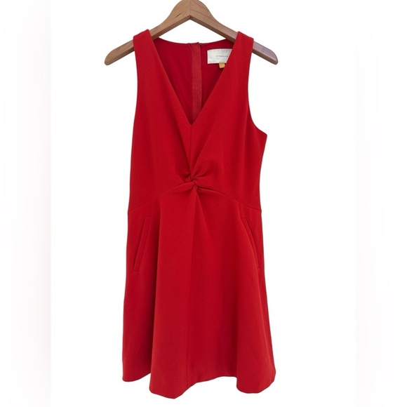 Anthropologie Leifsdottir Red/Orange Crepe Twist Front Mini Dress Pockets Size 8 - Picture 2 of 9